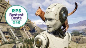 A robot and a cat look at the RPS Bestest Best logo in The Talos Principle 2