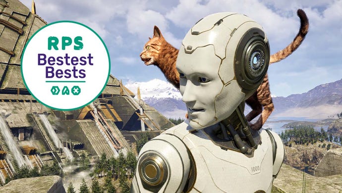 A robot and a cat look at the RPS Bestest Best logo in The Talos Principle 2