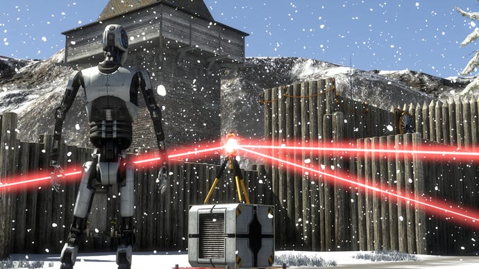 Roboten i Talos -principen som tittar på ett pussel, en laserdelare på ett stativ
