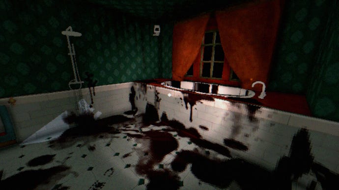 Ein Badezimmer im Tartarus Key mit einer Badewanne und einem weiß gefliesten Boden, der mit dunklen Blutspritzern bedeckt ist