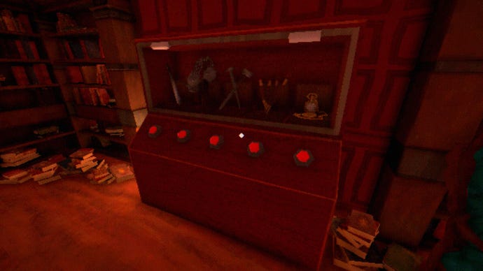 A cabinet in a puzzle room in The Tartarus Key, showing different weapons behind the glass, with red buttons underneath each