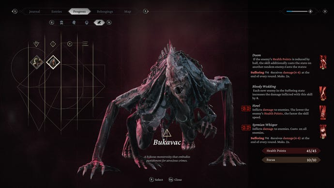 The progress menu screen for the demon Bukavac  in The Thaumaturge