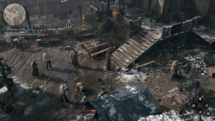 A man walks up some wooden steps in a village square in The Thaumaturge