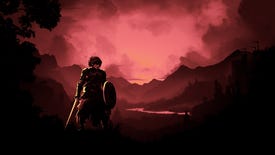 The Vale - A woman wearing armor and holding a sword and shield stands in the foreground of a valley that's colored red in sunset.