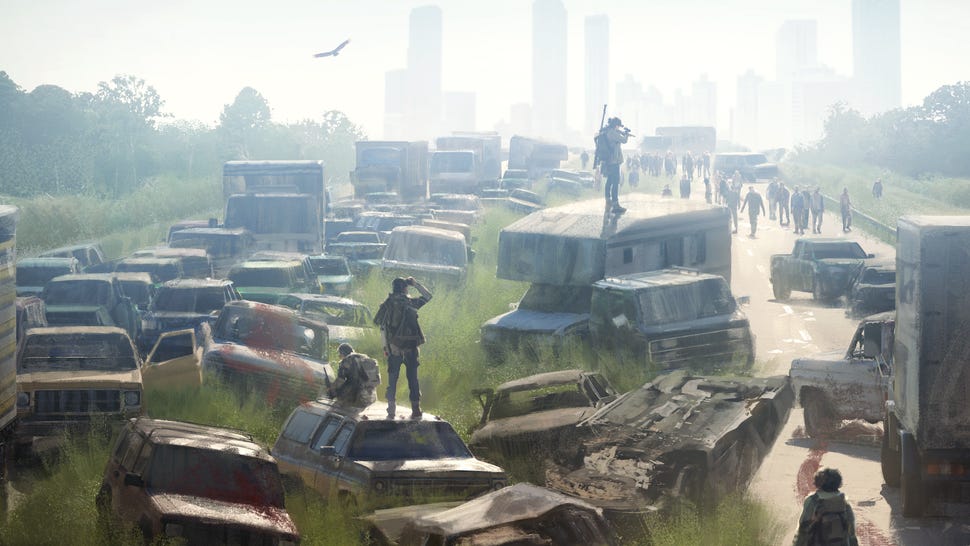 Key art for The Walking Dead Universe RPG featuring a group of survivors on an overgrown highway scouting a horde of zombies on the horizon.