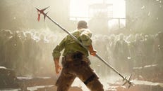 Key art for The Walking Dead Universe RPG featuring one survivor with a scrap metal pole against a horde of zombies