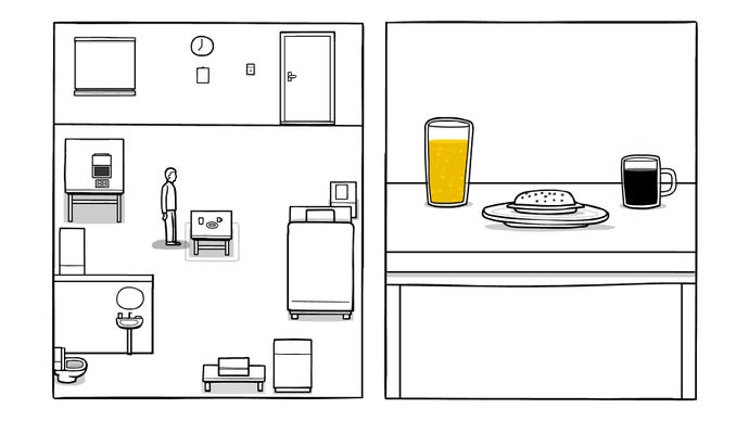 Protagonista 2D puzzle hra prochází bílé dveře po jeho pokoji na levé straně obrazovky a dívá se na jeho snídani - zobrazený na stole na pravé straně obrazovky