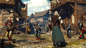 Geralt prepares to fight guards in a The Witcher 3: Wild Hunt screenshot.