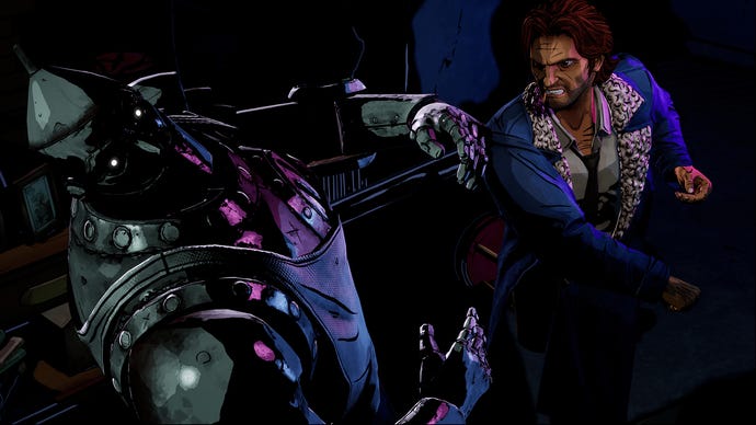 Bigby punches The Wizard Of Oz's Tin Man in a The Wolf Among Us 2 screenshot.