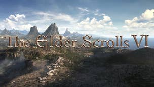 The landscape of Tamriel, showing the mountains against the sky, with the text "The Elder Scrolls VI" written over the top of it