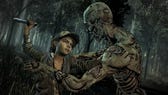 A teenaged girl (Clementine) fights off a rotting zombie with a hunting knife in a still from The Walking Dead: The Final Season.