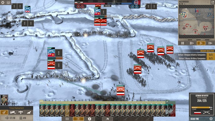 six units advancing across a snowy no man's land in The Great War: The Western Front