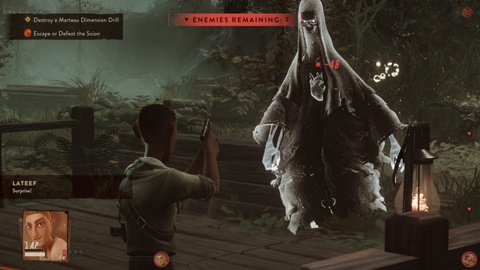 Lateef raises a pistol at a menacing spectre in The Lamplighter's League.