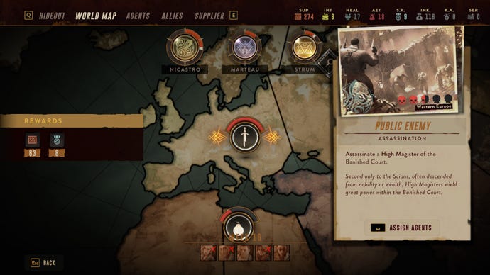 Examining an assassination mission in The Lamplighter League's overworld map.
