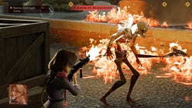 A character blasts a flaming zombie with a rifle in The Lamplighters League.
