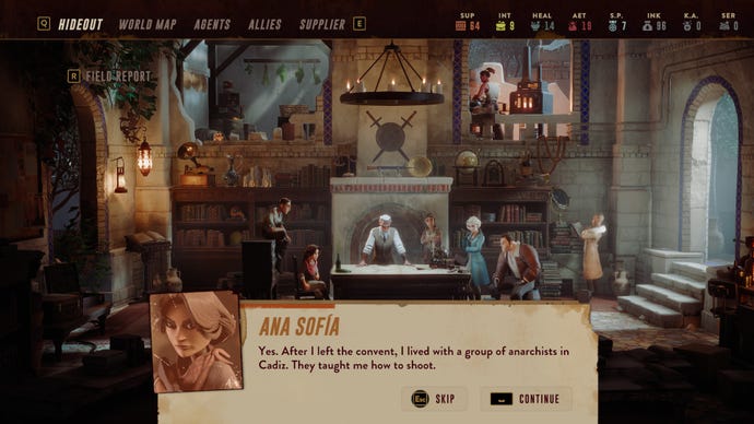 Ana Sofiá chats with her teammates in The Lamplighters League's hideout.