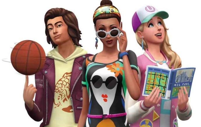 Die Sims 4 City Living Artwork zeigen drei Sims, eine Lesen eines Stadtführerbuchs und eines, das einen Basketball dreht