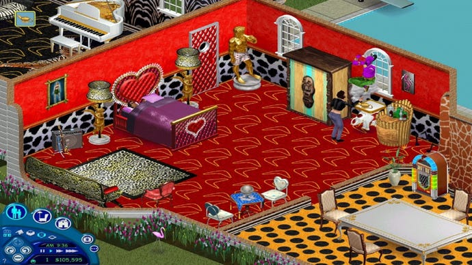 A "tacky house" from The Sims: Livin' Large, complete with giant heart-shaped bed, animal prints on the walls and floor, a tiki bar, and a genie granting wishes.