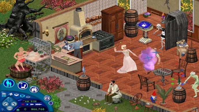 A house from The Sims: Makin' Magic, The Sims 1's final expansion pack. Demonstrating the significant tonal shift in the generation's final year, the household includes a woman with a magic wand casting a spell on another Sim, a green-skinned fairy tending to a plant, and a skeleton maid emerging from a coffin.