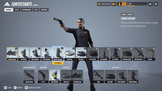 The loadout menu in The Finals, showing Bertie's tracksuit-wearing character and, below them, a line of equipment slots which represent the stuff they'll be able to use during the match. It's an assortment of guns, grenades and gadgets.