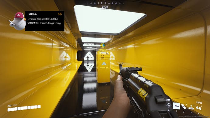 A screenshot from the tutorial area of The Finals. A yellow-walled, shiny corridor contains a safe the size of a filing cabinet, that we're instructed to stuff with cash and then guard until the money is deposited.