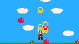 A close up from the game Them Apples, a pico-8 game about stopping apples from hitting the ground. Several apples are floating to the ground in baskets with parachutes, thrown by the player character, who is centre screen.