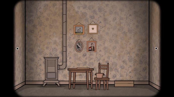 A 2D illustrated image of a room. It looks like an old-fashioned room, and there's a wood burner, a small table and chair, and four pictures on the wall.
