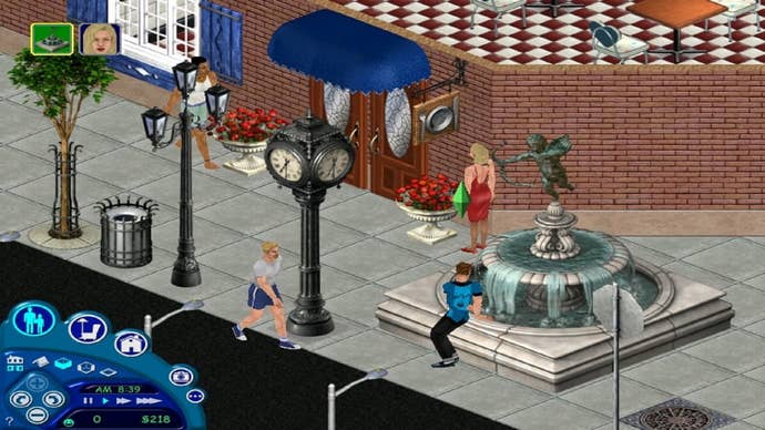 A city street corner in The Sims: Hot Dates.