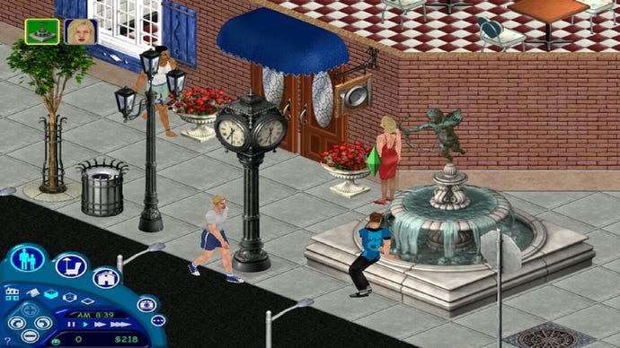 A pleasant city streetcorner next to a restaurant in The Sims: Hot Date, complete with unreasonably large cupid fountain.