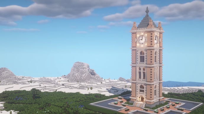 مائن کرافٹ کلاک ٹاور کی تعمیر کا اسکرین شاٹ۔