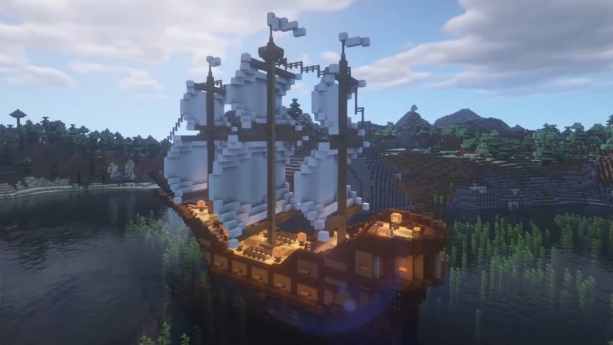 एक Minecraft जहाज के निर्माण का एक स्क्रीनशॉट।