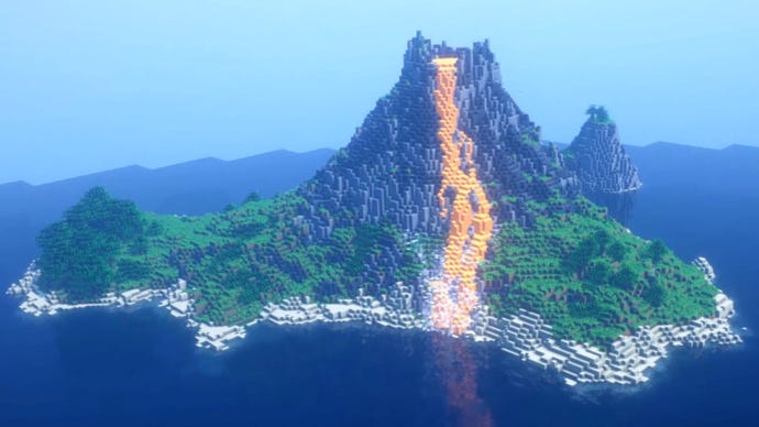 Uma captura de tela de uma construção de vulcão do Minecraft