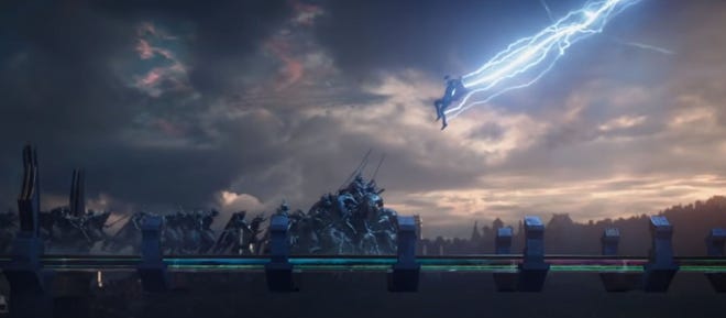 Screenshot of Thor descending with lightning powers in Thor Ragnarok