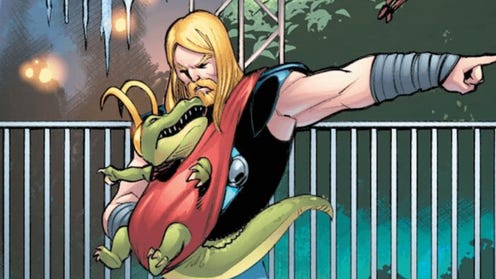 Cropped panel featuring Thor pointing in one direction wearing a carrier for Alligator Loki