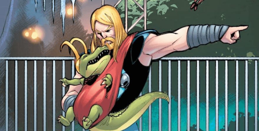 Cropped panel featuring Thor pointing in one direction wearing a carrier for Alligator Loki