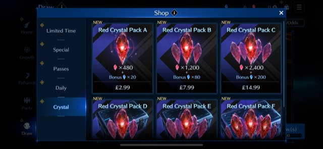 Red crystal purchasing in Final Fantasy 7 Ever Crisis