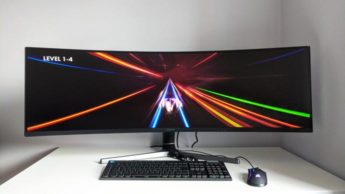 A photo of an ultrawide gaming monitor running Thumper