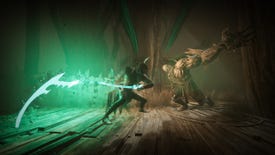 A screenshot of Thymesia, showing a man in robes swinging a green, glowing scythe at a bulky monster.