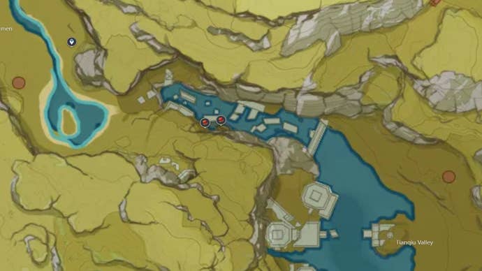 Genshin Impact Jueyun Chili locations: A map showing rivers and a valley, marking out juyun chili locations in tianqiu valley