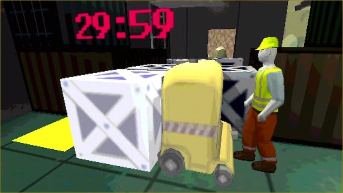 The player character operating a forklift as time ticks down in Time Bandit