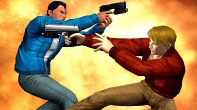 Promotional art from Time Crisis 2 showing teh two main characters in dynamic poses pointing guns off-screen in different directions. There is no background outside of a giant explosion