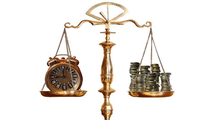 Scales with a clock on one side and money on the other