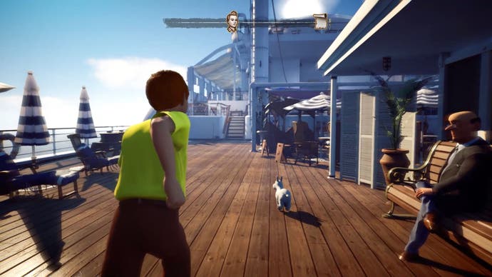一个年轻人在蒸汽船的甲板上跟着一条狗跑。丁丁!我希望他不要从船上掉下去。
