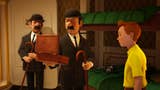Two moustachioed men in bowler hats and suit and holding walking sticks, examine a small wooden case. A young person in a yellow shirt looks on. It's Tintin and the characters Thomson and Thompson.