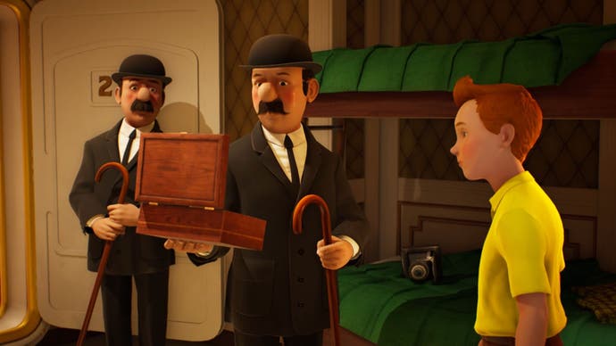 Dua pria berkumis dengan topi bowler dan jas serta memegang tongkat, memeriksa sebuah kotak kayu kecil.  Seorang pemuda berbaju kuning terlihat.  Ini Tintin dan karakter Thomson dan Thompson.