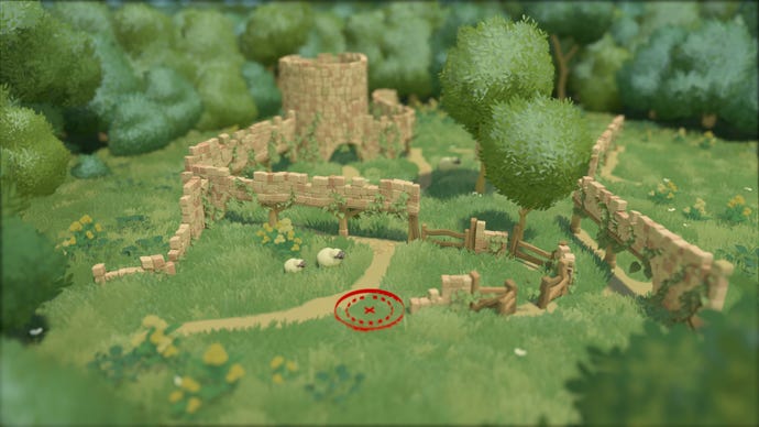 A cute village diorama in a Tiny Glade screenshot.