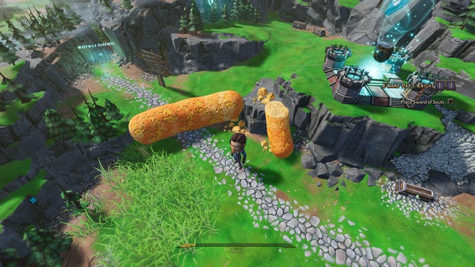 A giant cheese puff blocks the path on the Tiny Tina's Wonderlands overworld.