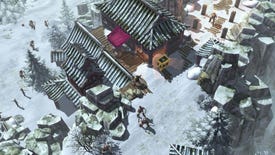 A screenshot of Titan Quest's Eternal Embers expansion showing a Japanese-style building in a snow environment surrounded by beefcakes with swords and impractical sleeveless tops.