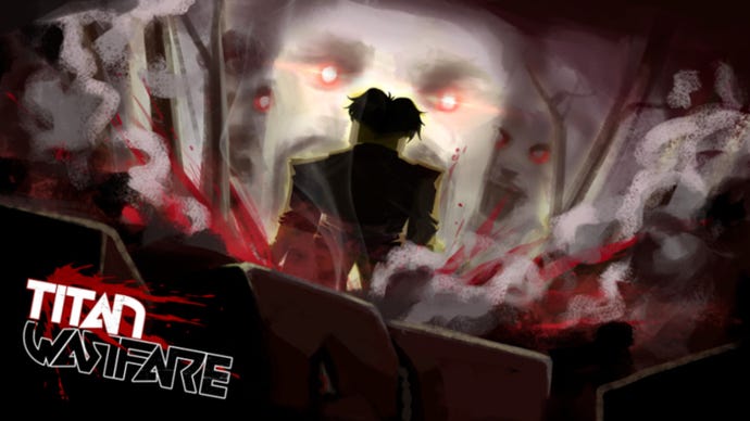 Titan Warfare promo art, a player facing the head of a titan with glowing red eyes
