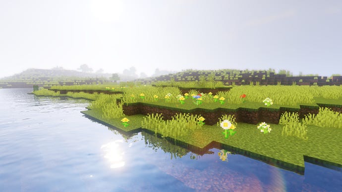 A Minecraft plains biome on the edge of the sea.